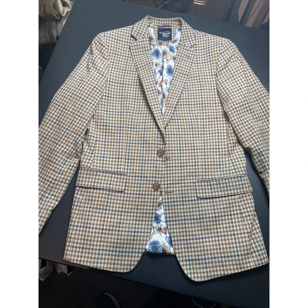 Original men's S 38S Penguin Blue and Brown Plaid Blazer Cotton Poly Blend